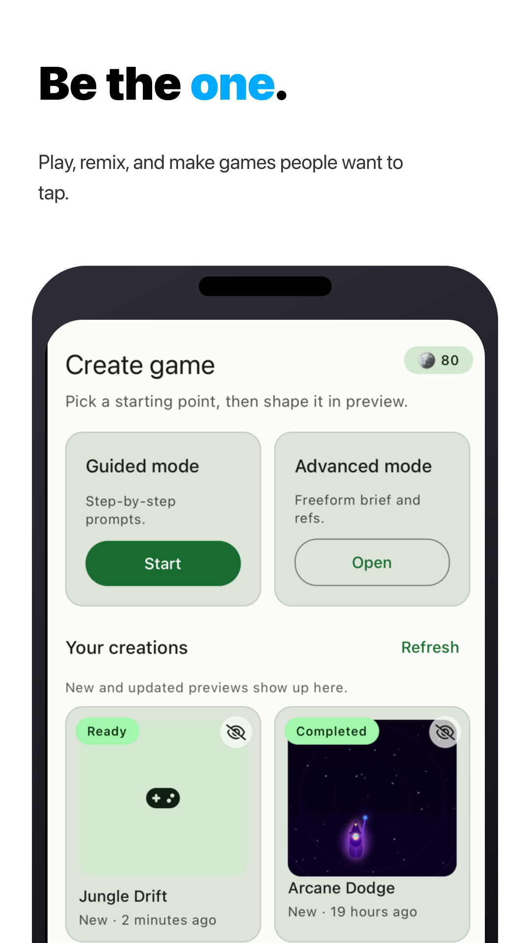 Bitloop create screen with Guided and Advanced modes